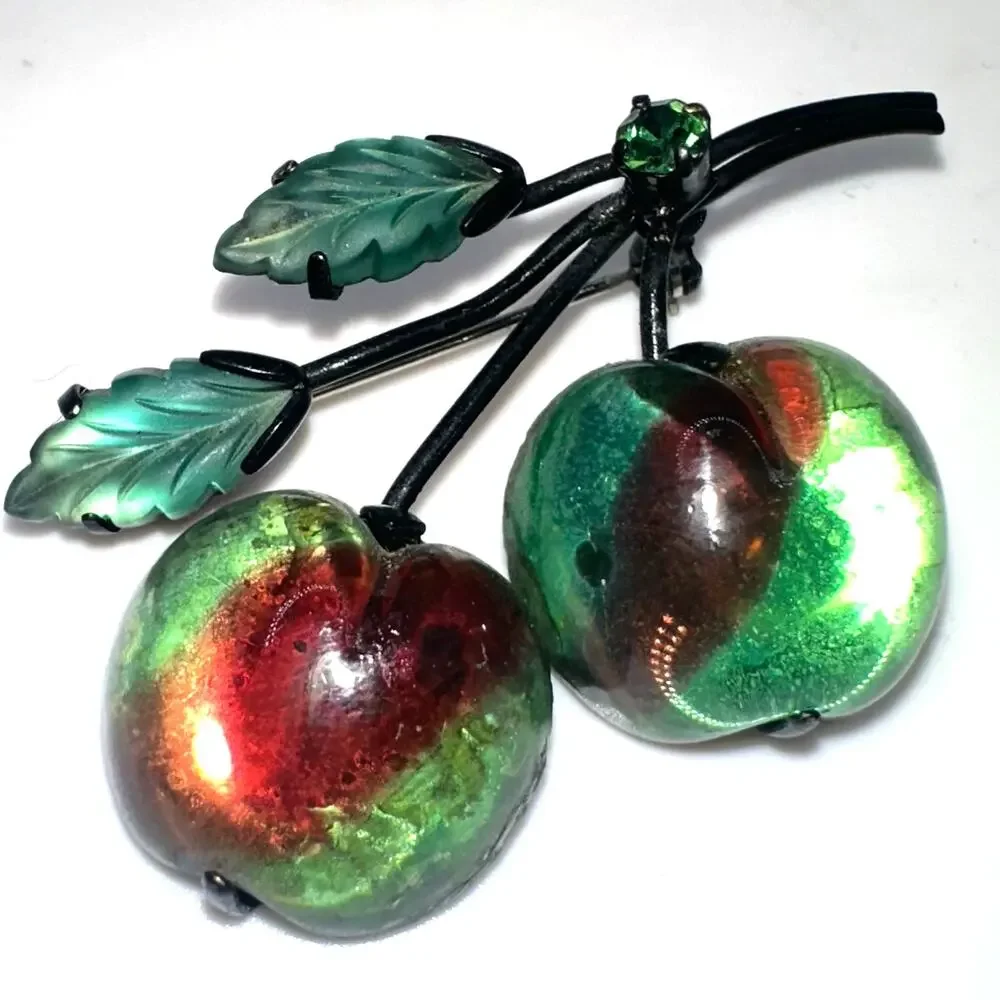 Vintage black japanned gunmetal green red fruits art glass leaves brooch